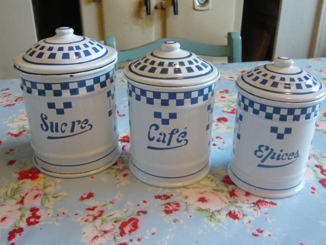 Z/SOLD -A FRENCH ENAMEL SET OF  COFFEE SUGAR SPICES POTS