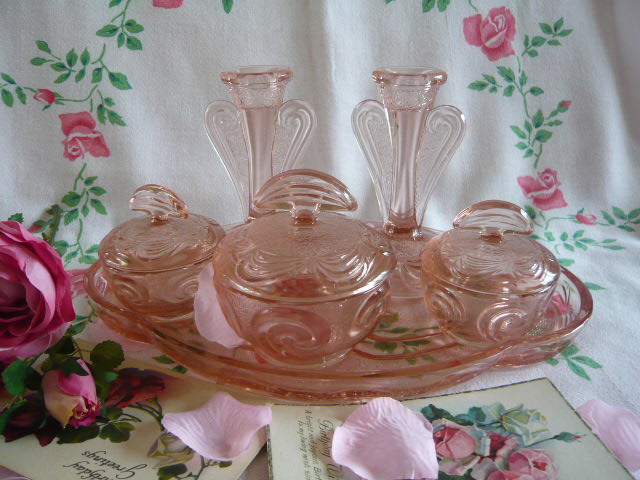 Z/SOLD - A STUNNING ART DECO PINK GLASS DRESSING TABLE SET