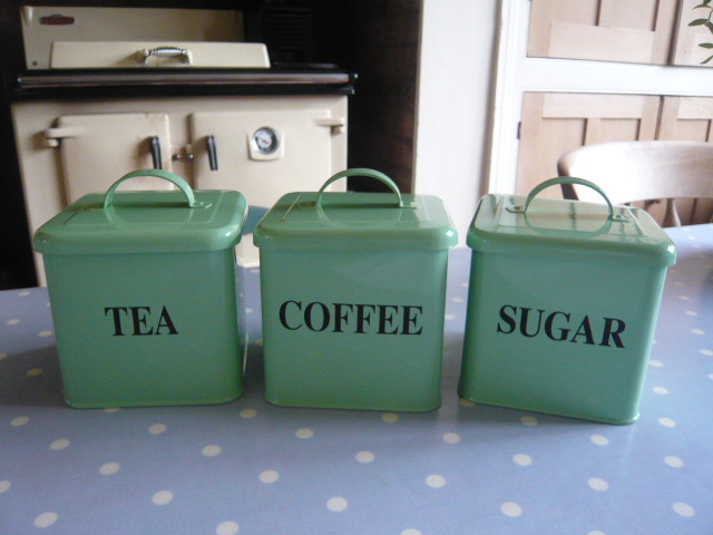 Z/SOLD  A GREEN SET OF TEA COFFEE SUGAR CANISTERS