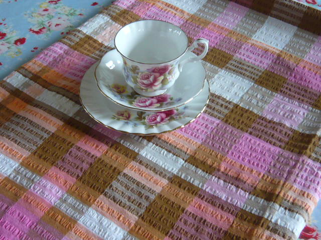 z/sold -VINTAGE TABLECLOTH IN PINK CHECKED CHEESECLOTH